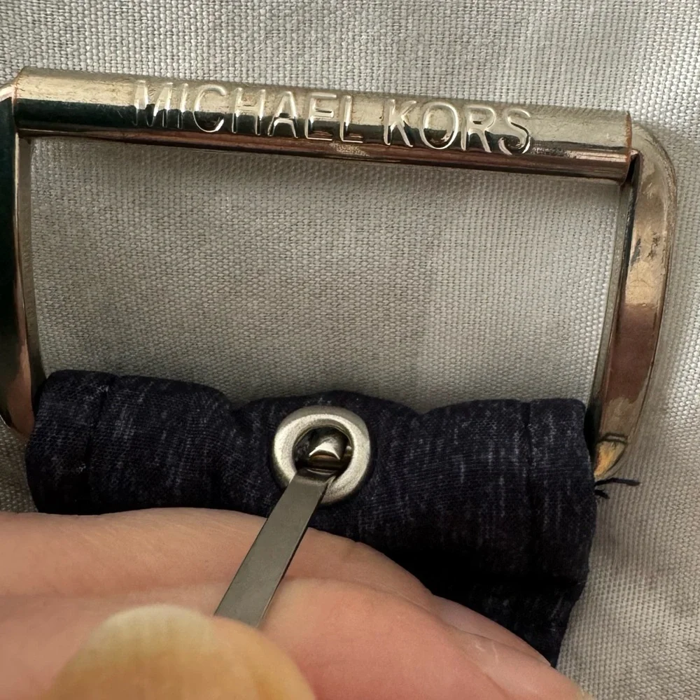Michael Kors navy blue fabric canvas belt with silver buckle, size 64” preppy